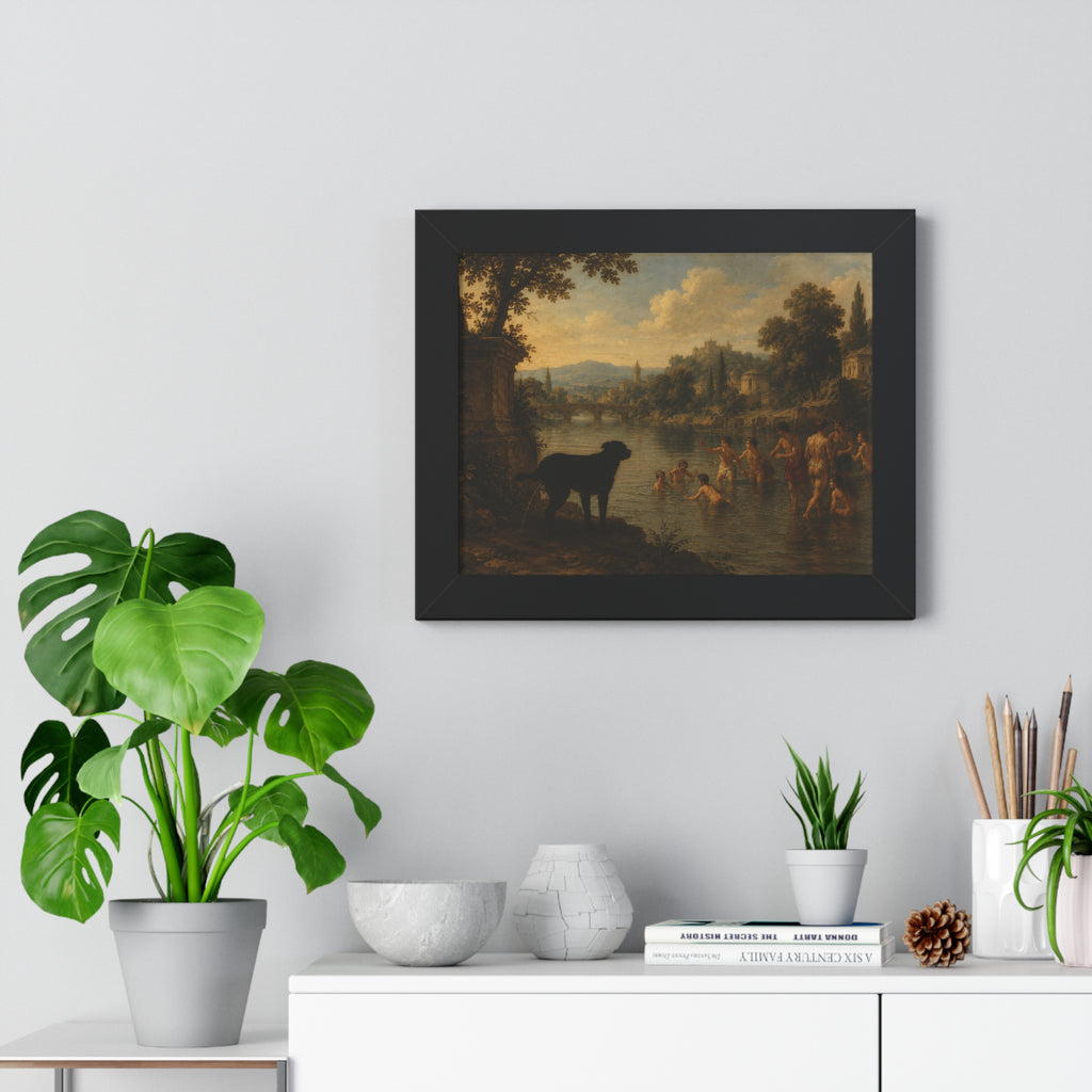 Framed Poster — Vintage River Landscape with Dog (Horizontal)