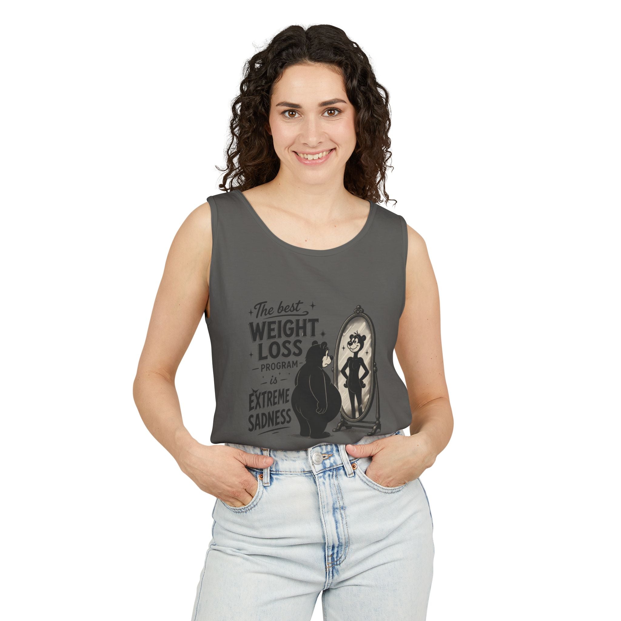 Funny Weight Loss Tank Top — "Best Weight Loss Program: Extreme Sadness" Graphic