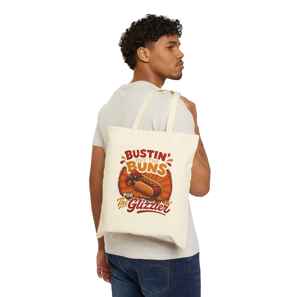 Tote Bag — "Bustin' Out the Buns for the Glizzler" Retro Hot Dog Canvas Tote
