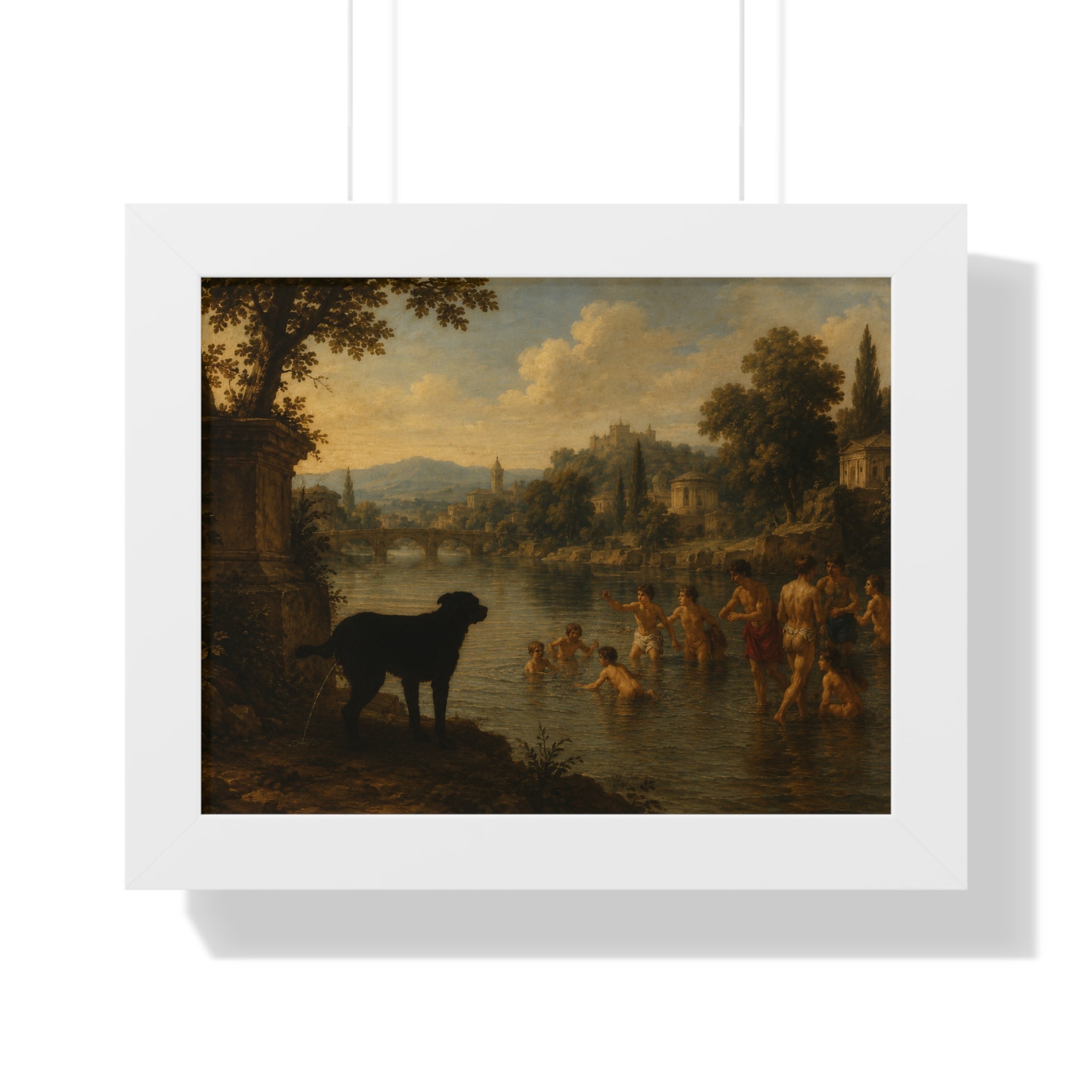 Framed Poster — Vintage River Landscape with Dog (Horizontal)
