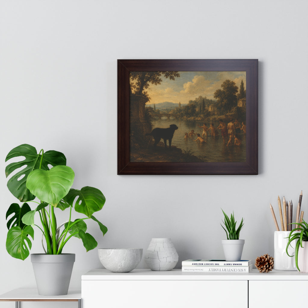 Framed Poster — Vintage River Landscape with Dog (Horizontal)