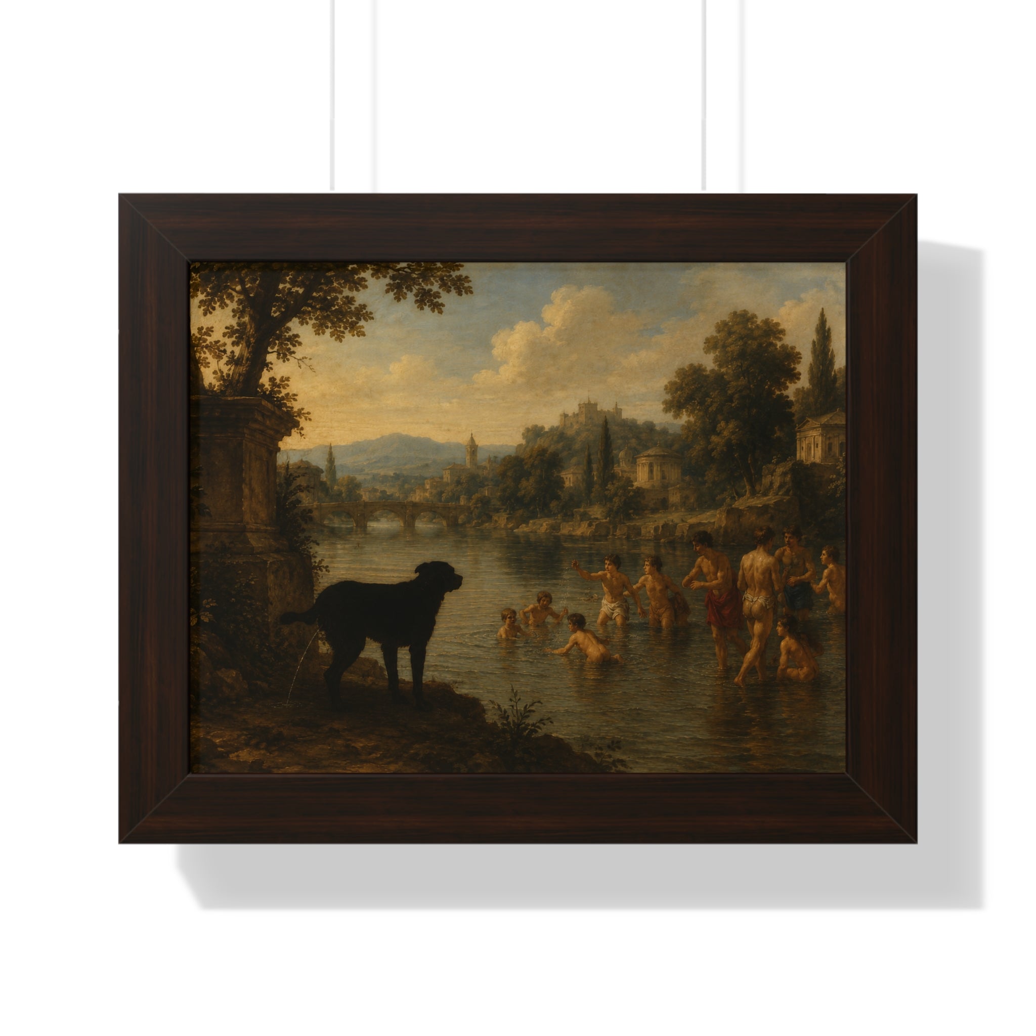 Framed Poster — Vintage River Landscape with Dog (Horizontal)