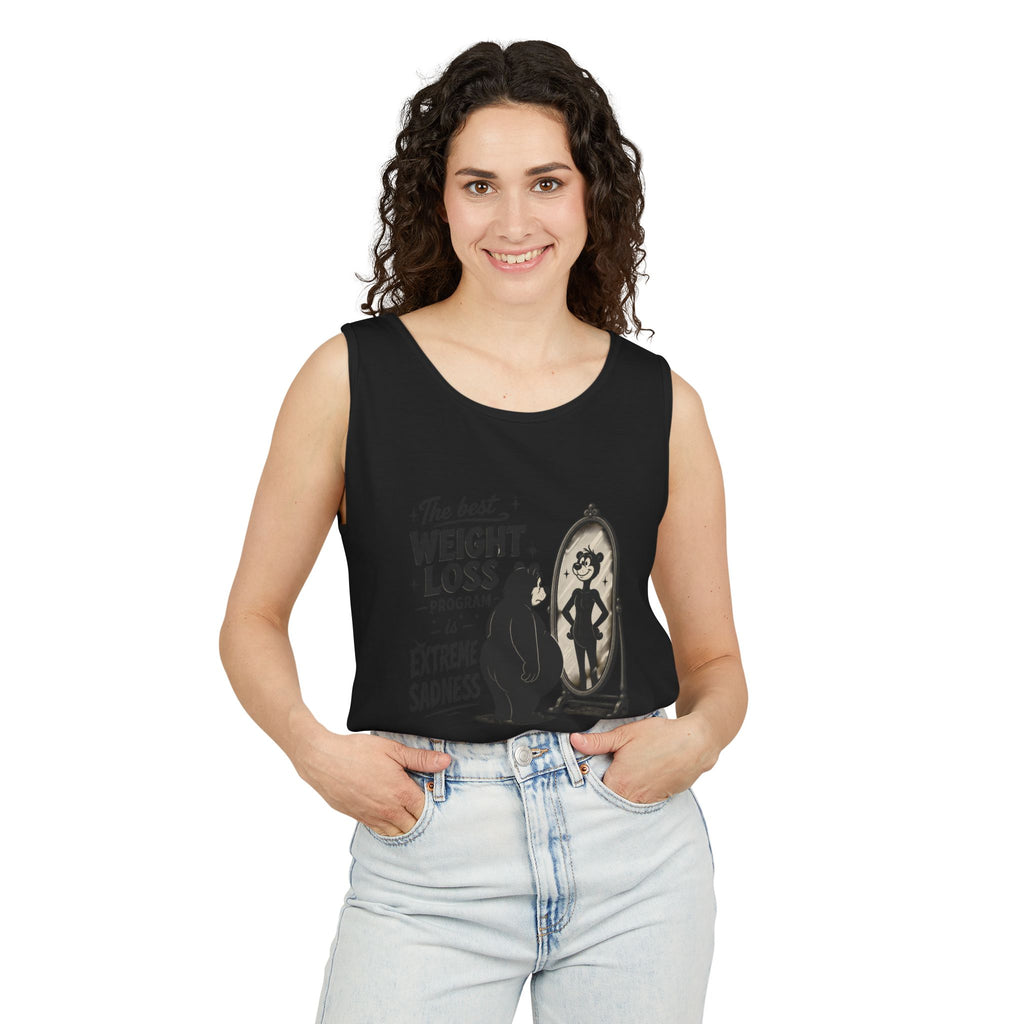 Funny Weight Loss Tank Top — "Best Weight Loss Program: Extreme Sadness" Graphic