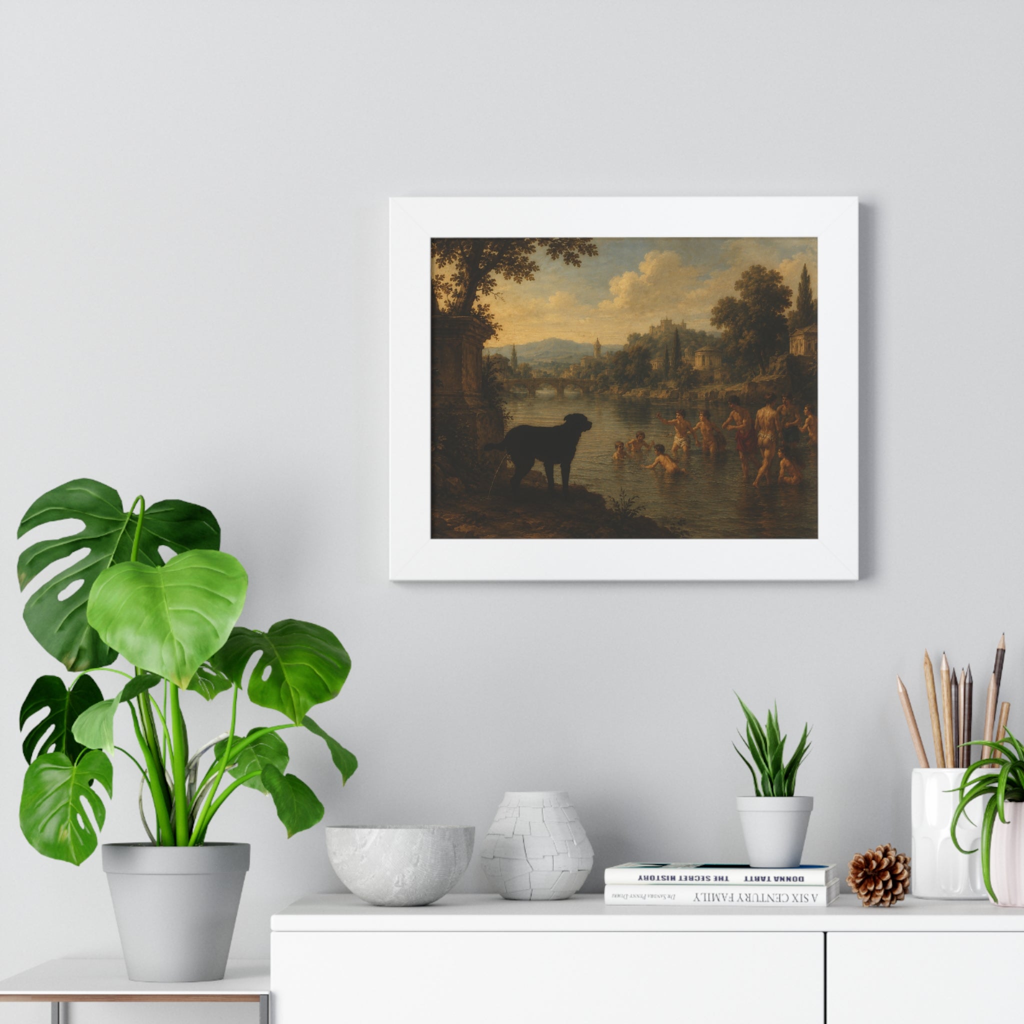 Framed Poster — Vintage River Landscape with Dog (Horizontal)